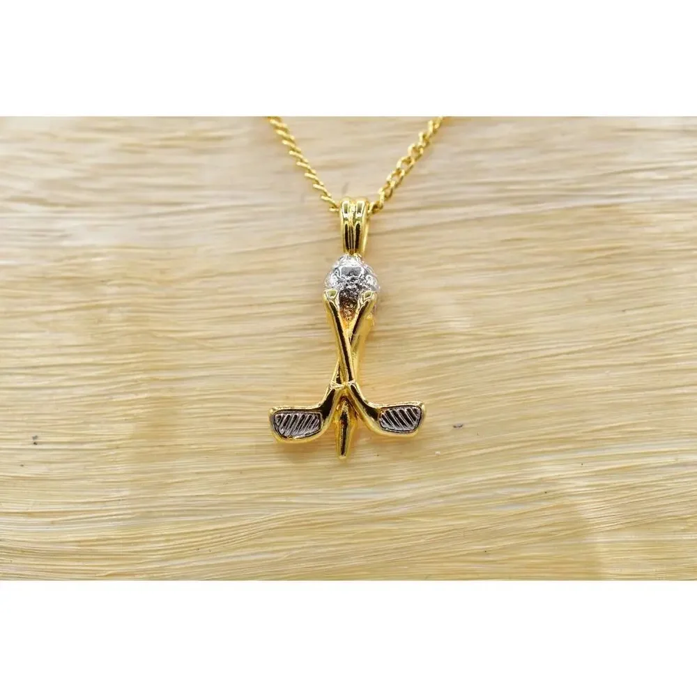 Navika Pendant Necklace Golf Clubs Gold Tone Chain Vintage Elegant Signed BinM